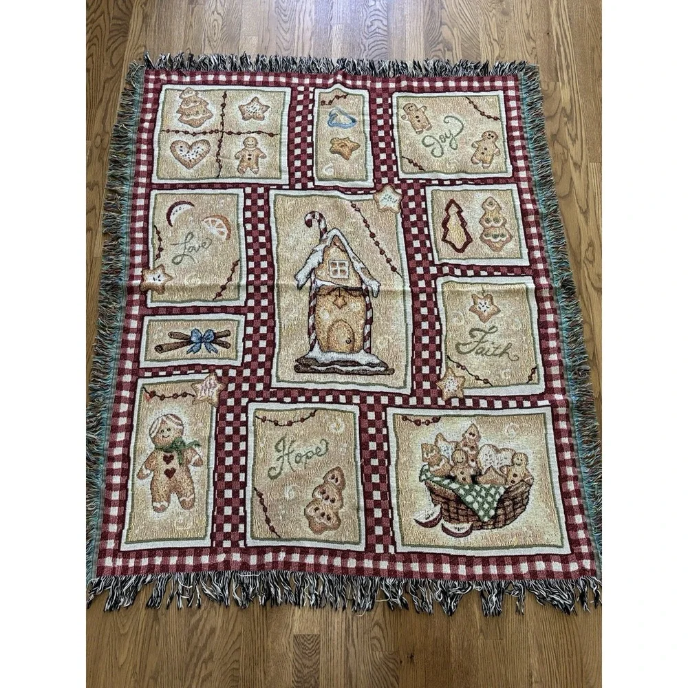 Vtg Holiday Tapestry Throw Blanket Gingerbread House Men Cookies Hope Faith Love